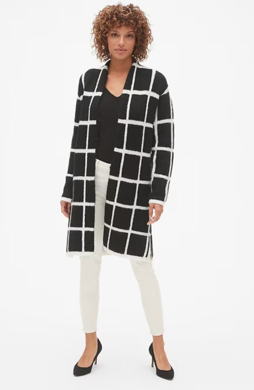 GAP Black & White Longline Plaid Open-Front Cardigan Sweater // XS